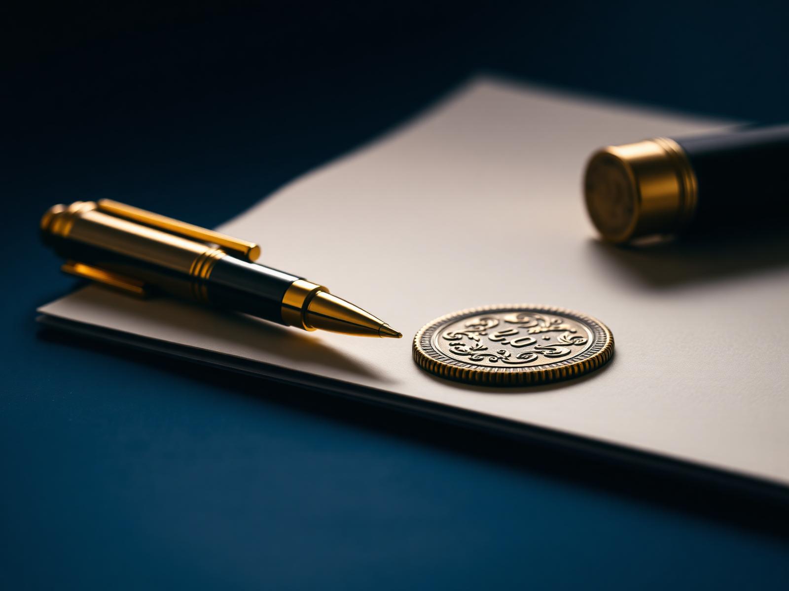 Gold notary pen and embossed seal on a legal document